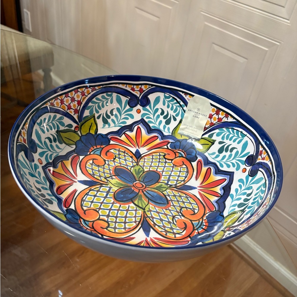 ARTISAN De LUXE Home Spanish Floral Tile SALAD Serving BOWL MELAMINE 12”L 3.5”D - Picture 3 of 6